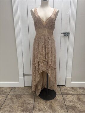 Elegant Beige Lace High-Low V-Neck Dress